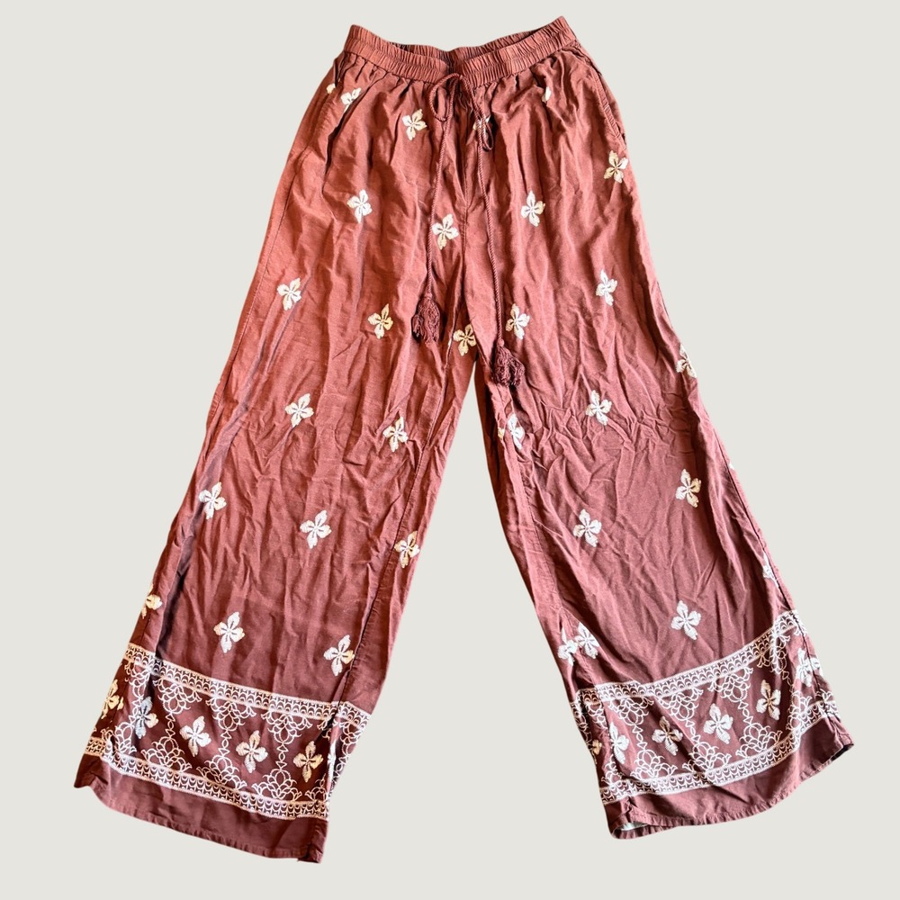 Unbranded Womens Wide Leg Palazzo Pants S Burgundy Embroidered Rayon Boho Tassel
